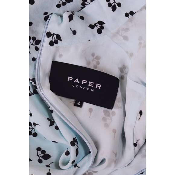Sz 10 Paper London Baby Blue Cherries Silk Mock Neck Long Sleeve Blouse GUC - Picture 4 of 4